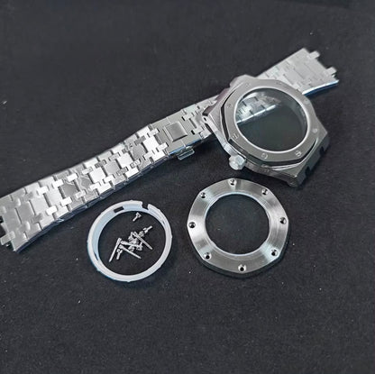 Custom white AP watch, box engraved, crown engraved, rotor engraved, metal patch